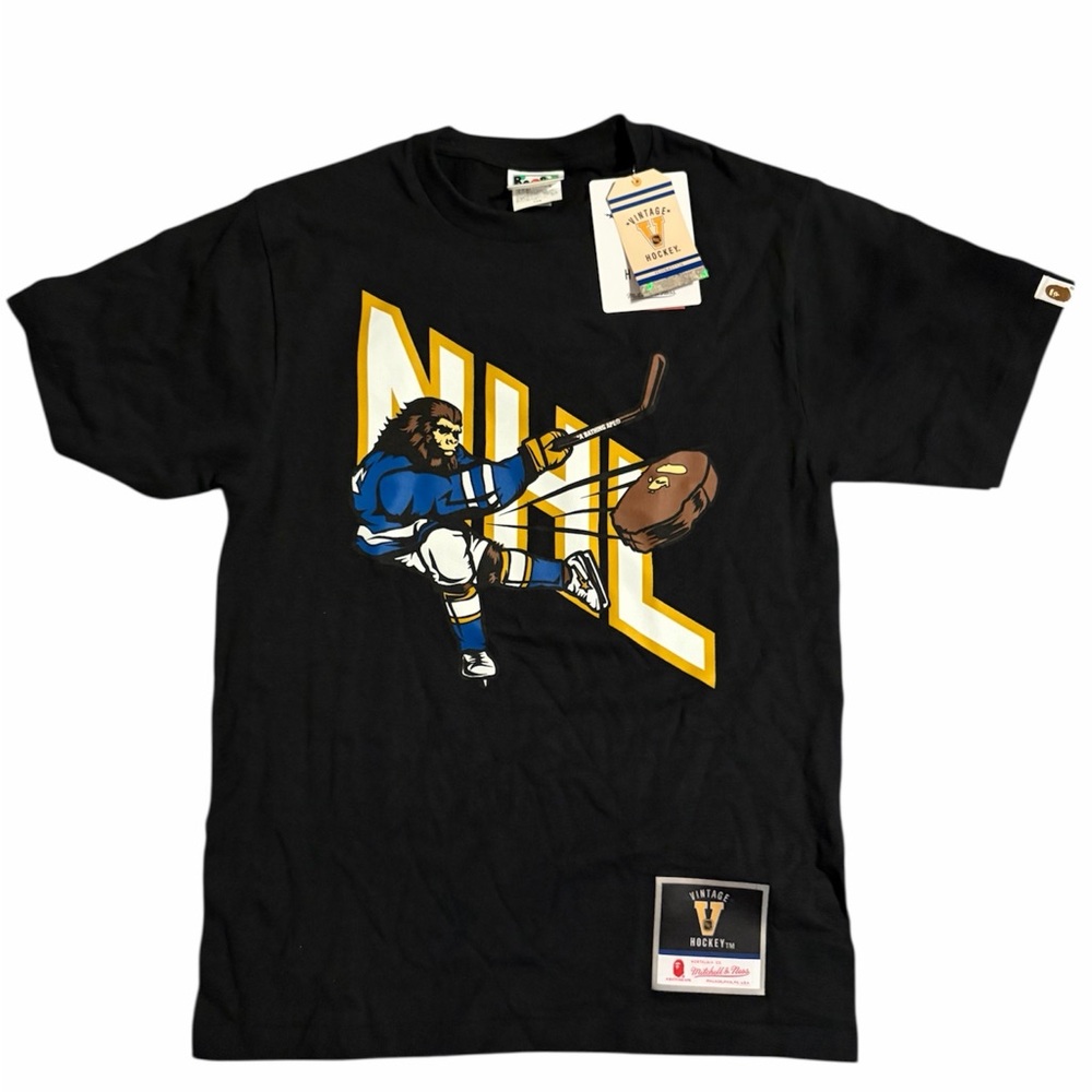 black BAPE x Mitchell & Ness NHL Hockey Graphic Tee.